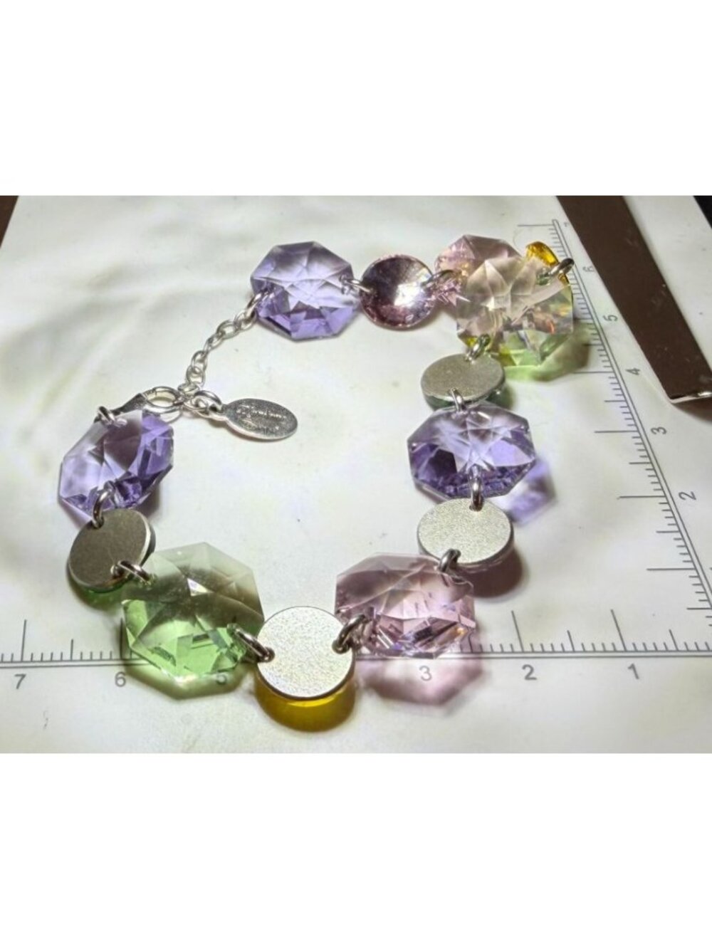 Vintage 925 DYADEMA MultiColor Crystal Octagon Bracelet Italy Signed Adjustable - Picture 9 of 10